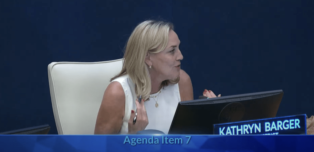 Supervisor Barger offering her opinion on the Los Angeles County Government Structure, Ethics and Accountability Charter Amendment during the board meeting on July 30th. Photo Courtsey of Los Angeles County Board of Supervisors Youtube Channel.